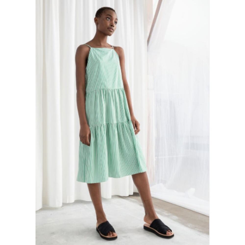 & Other Stories Tiered Sun Dress Green White‎ Stripe Midi Square Neck 2